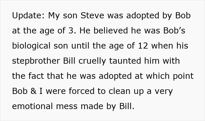 Text on white background about a son being adopted and emotional family issues involving stepbrother and parents.