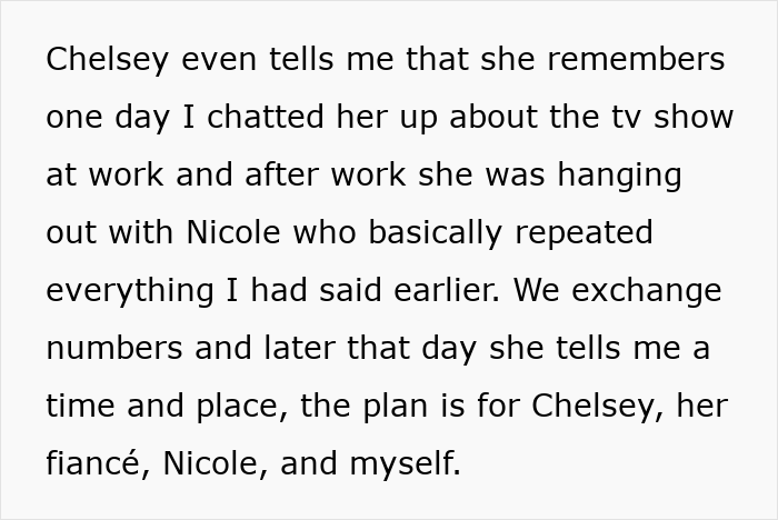 Text describing a lady hyping up her stunner friend to a single coworker before ambushing him on a date with a stranger.