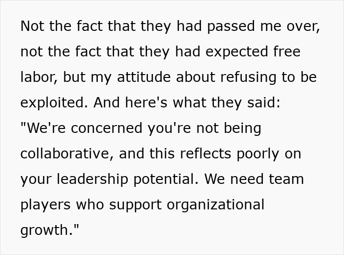 Text excerpt discussing employee refusing unpaid training, highlighting HR concerns about collaboration and leadership potential. Text excerpt discussing employee refusing unpaid training, highlighting HR concerns about collaboration and leadership potential.