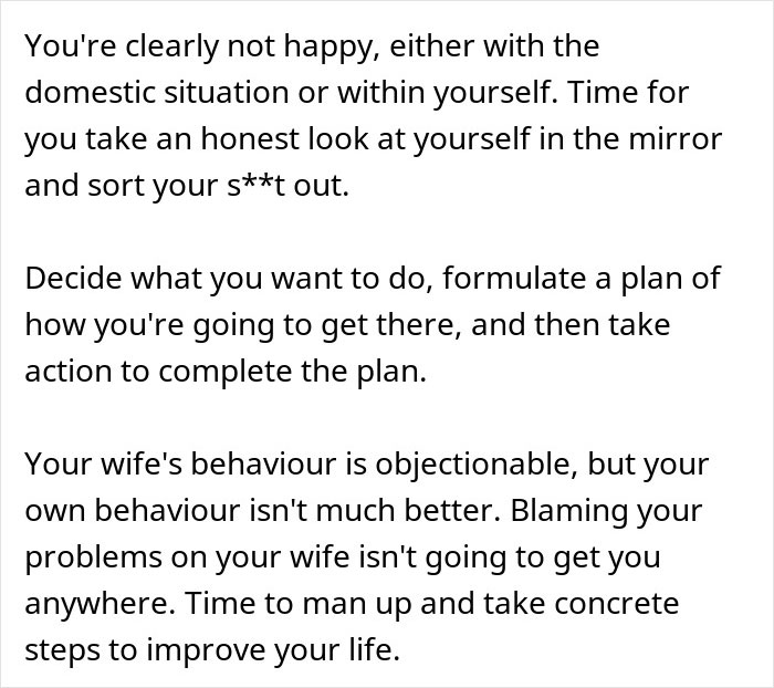 Text advice addressing a guy complaining about his wife, urging him to take action and improve his life.