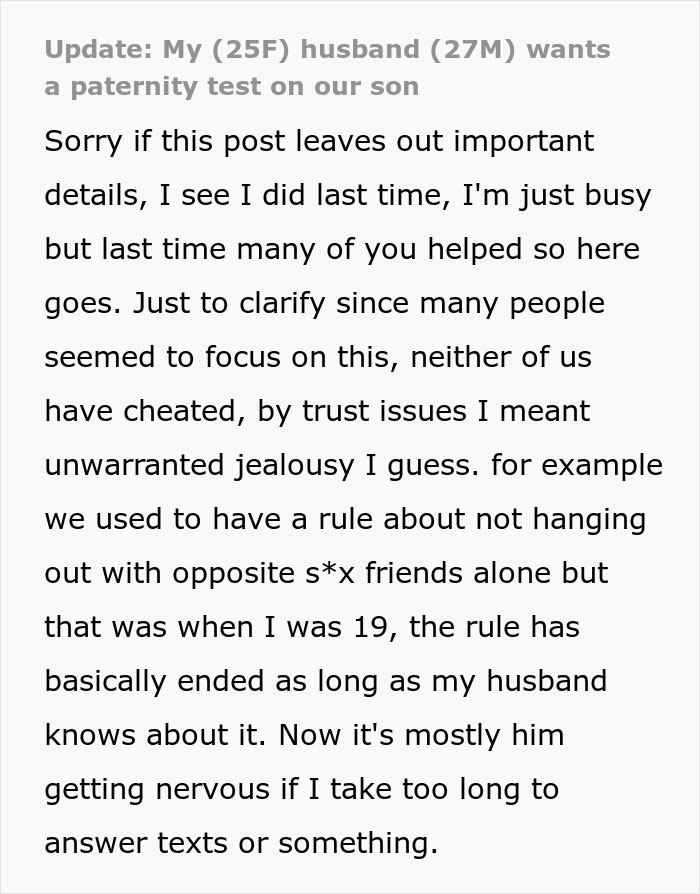 Postagem de texto discutindo um marido querendo um teste de paternidade em seu filho devido a problemas de confiança e ciúme. Postagem de texto discutindo um marido querendo um teste de paternidade em seu filho devido a problemas de confiança e ciúme.