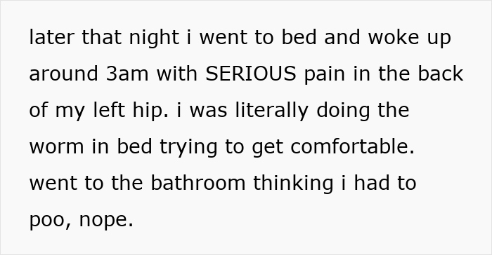 Woman describing intense labor pain in the early morning, struggling to find comfort in bed before going to the bathroom.