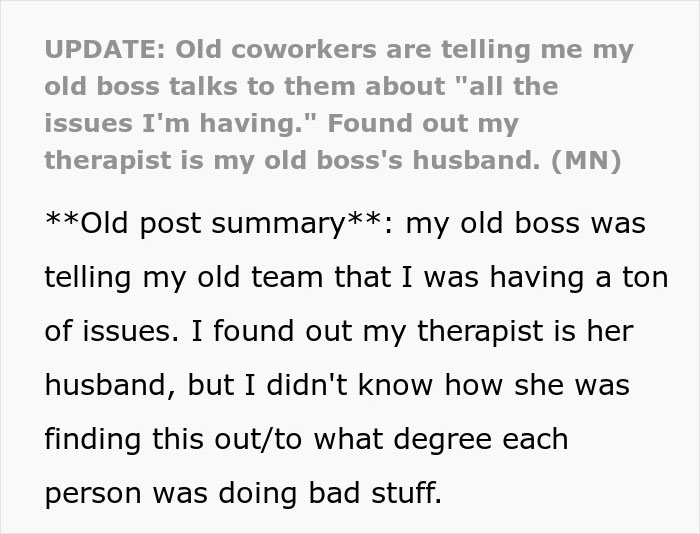 Text excerpt about a woman confused how coworkers know personal issues, discovering her therapist is her boss&rsquo;s husband.