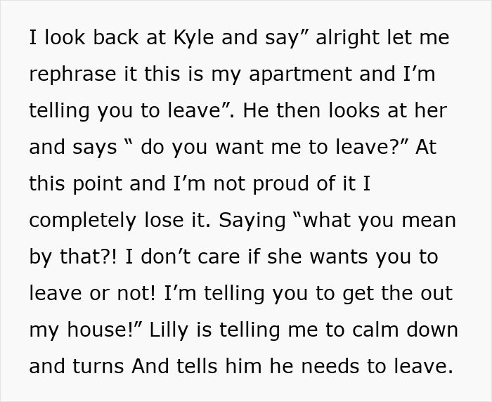 Text excerpt showing a confrontation in an apartment where a boyfriend loses it after realizing the old friend is an ex.