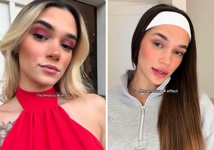 Two women showing before and after photos illustrating the America effect on their appearance and style.