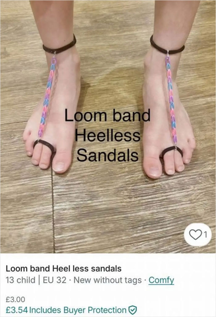 Feet wearing homemade loom band heelless sandals on wooden floor, showcasing funny Vinted listing.