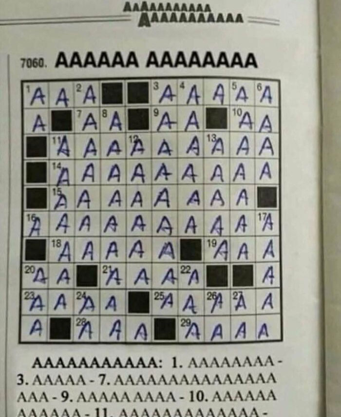 Crossword puzzle filled entirely with the letter A in a humorous meme about existential crisis and absurdity.