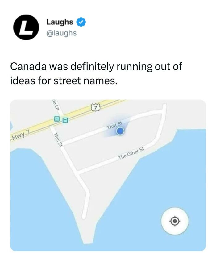 Social media post showing a map humorously naming streets That St, This St, and The Other St, funny memes keyword.