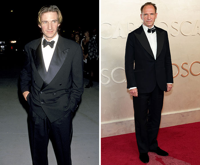 Actor in tuxedo at Oscars, showing a striking transformation between first and latest appearance on the red carpet.