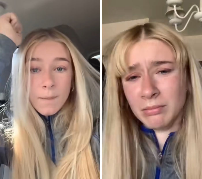 Young woman with long blonde hair showing a before and after of a hairdresser mishap causing distress and disappointment.