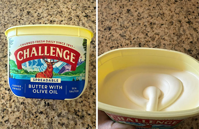 Challenge butter with olive oil showing shrinkflation with reduced product quantity inside packaging.