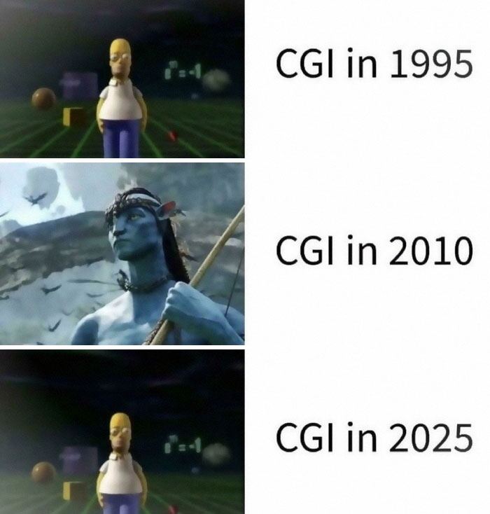 Comparison of CGI quality in movie and film industry memes from 1995, 2010, and a humorous prediction for 2025.