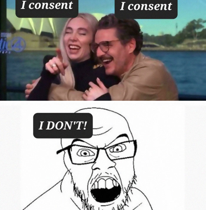 Two people happily saying I consent in a movie and film industry meme with a frustrated cartoon shouting I don't.