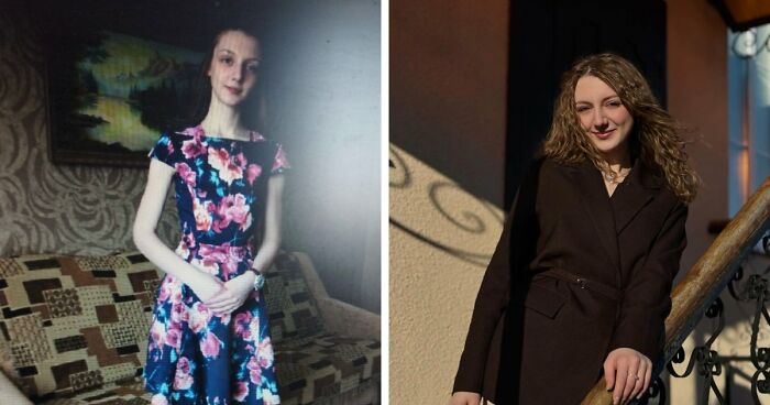 Before and after photo showing a woman’s incredible life transformation over three years with confident posture and style change.