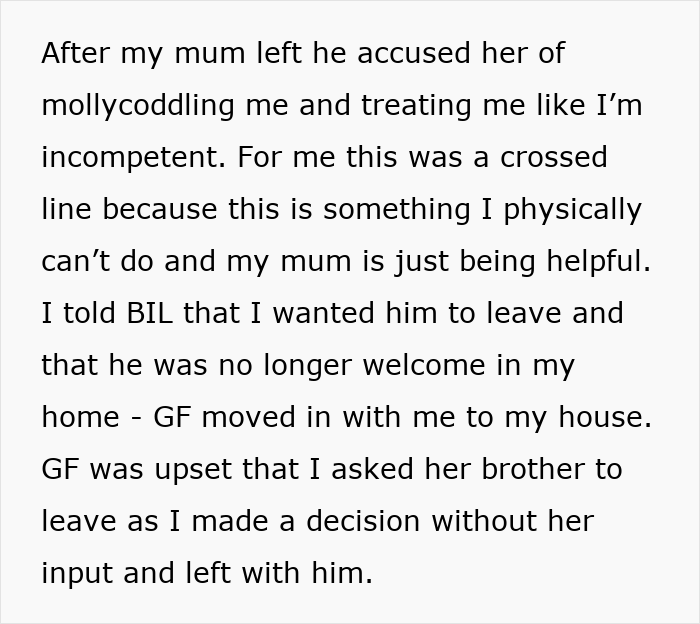 Text describing conflict involving mum cutting vegetables for guy with one arm, lazy brother-in-law upset over knife use assistance.