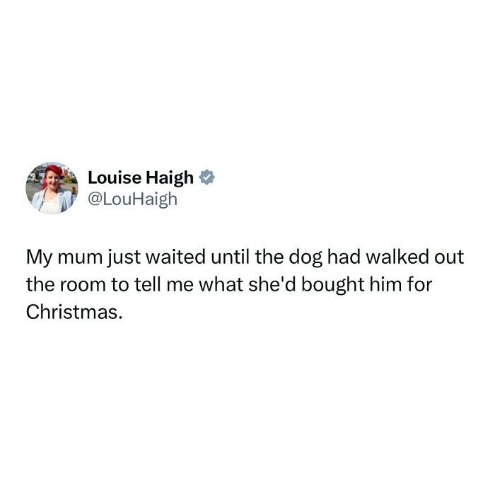 Funny and relatable meme text about a mom waiting for the dog to leave before revealing his Christmas gift.