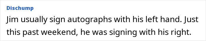 Text excerpt about Jim Carrey signing autographs with his right hand instead of his usual left, revealing new face details and cause of sadness.