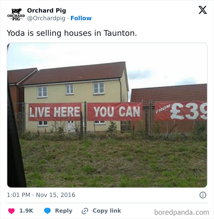 Tweet showing a humorous UK housing sign with partial price, illustrating unique living experiences in the UK.