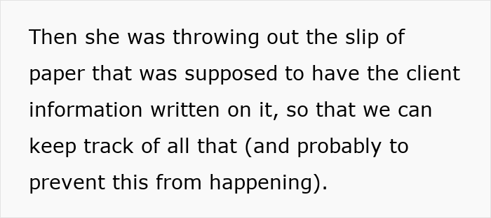 Text on screen describing an office bully throwing out client information slip to hide theft and cause trouble.