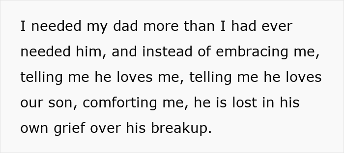 Text excerpt expressing a man&rsquo;s self-absorbed grief, focused on his breakup during his grandson&rsquo;s funeral.