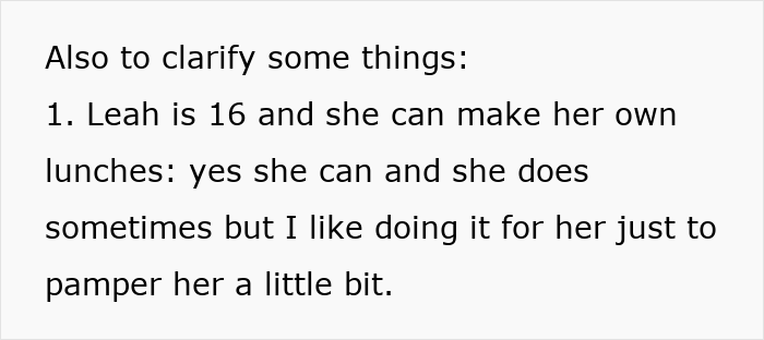 Text excerpt explaining a parent&rsquo;s choice to continue making school lunches despite a teen being able to refuse stop making school lunches.