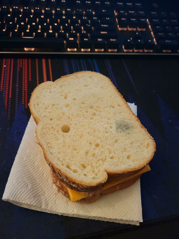 Slice of sandwich bread with a small mold spot on top, placed on a napkin near a keyboard, illustrating a malfunctioning brain moment.