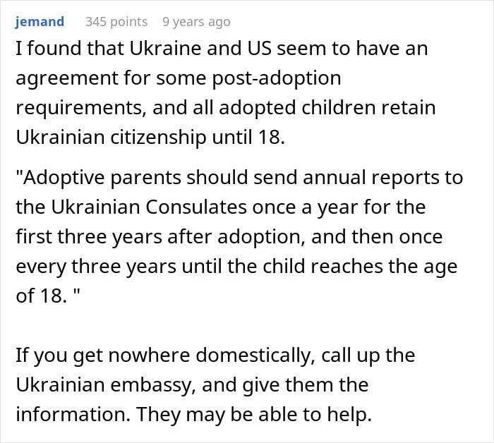 Comentário discutindo os requisitos pós-adoção para crianças adotadas e conselhos sobre como entrar em contato com a embaixada ucraniana para obter ajuda. Comentário discutindo os requisitos pós-adoção para crianças adotadas e conselhos sobre como entrar em contato com a embaixada ucraniana para obter ajuda.