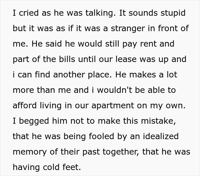 Text excerpt describing a man falling into deep regret after ditching fianc&eacute;e to chase the one that got away.