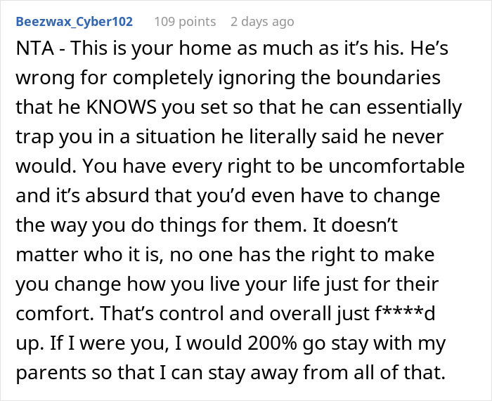 Comment discussing wife feeling hurt and disrespected after husband approves family&rsquo;s extended 6-week stay without consent.