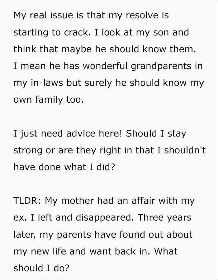 Text post about woman cutting off parents after catching mom in bed with fiancé, facing ongoing family conflict.