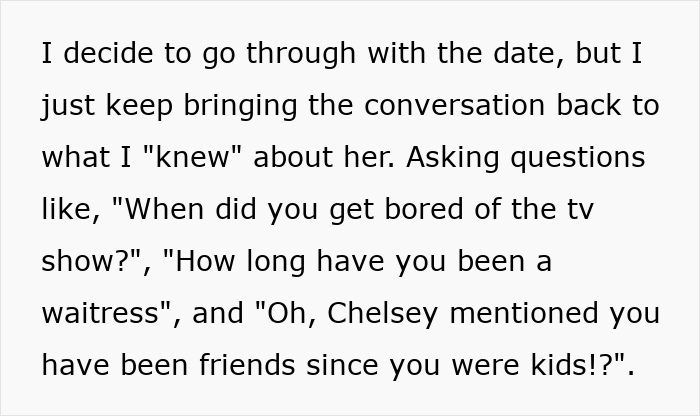 Text excerpt about navigating conversation on a date, highlighting interaction with a single coworker and a surprise stranger date.