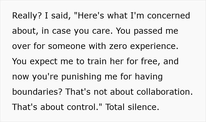 Text showing an employee refusing to train a new hire for free, highlighting boundaries and resistance within HR discussions. Text showing an employee refusing to train a new hire for free, highlighting boundaries and resistance within HR discussions.