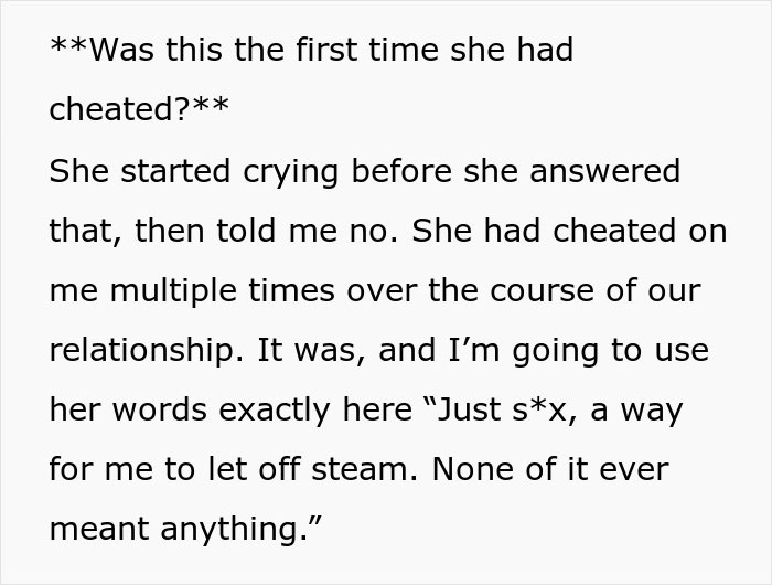 Text excerpt showing a woman admitting to cheating multiple times in a relationship, describing it as a way to let off steam.