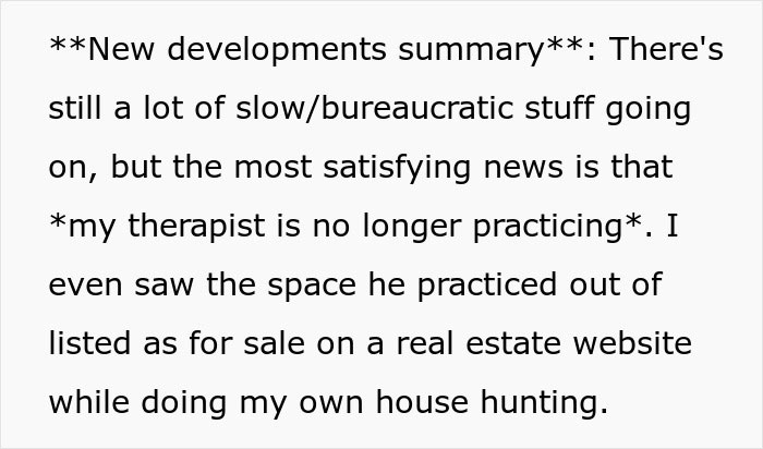 Text excerpt from a woman confused about how coworkers know personal details, revealing her therapist is her boss's husband.