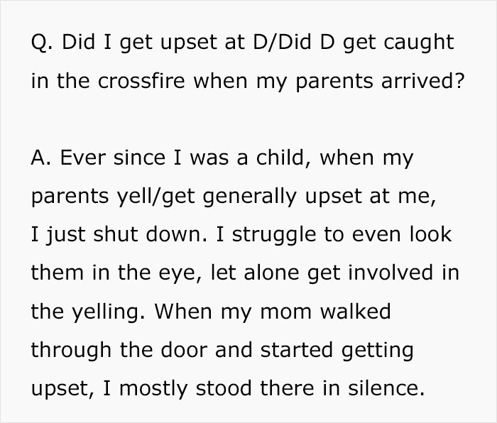 Text discussing a daughter feeling upset as her parents get mad about her buying a house without telling them.