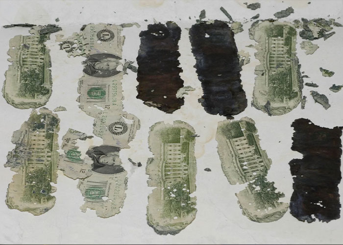 Tattered pieces of US currency reportedly linked to infamous 1971 plane hijacker DB Cooper and ransom money investigation. Tattered pieces of US currency reportedly linked to infamous 1971 plane hijacker DB Cooper and ransom money investigation.