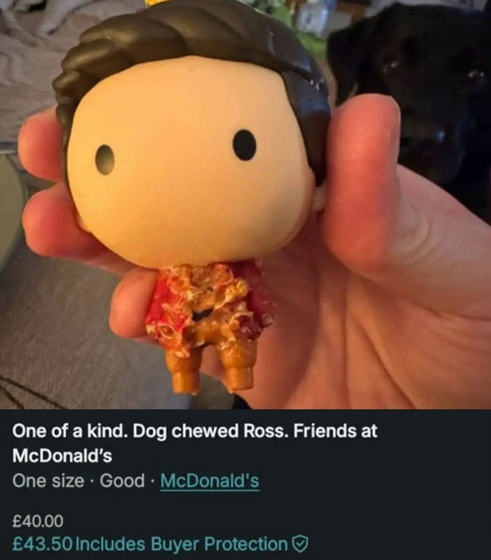 Hand holding a damaged Ross Funko Pop toy with chewed details, showcasing hilarious listings on Vinted.