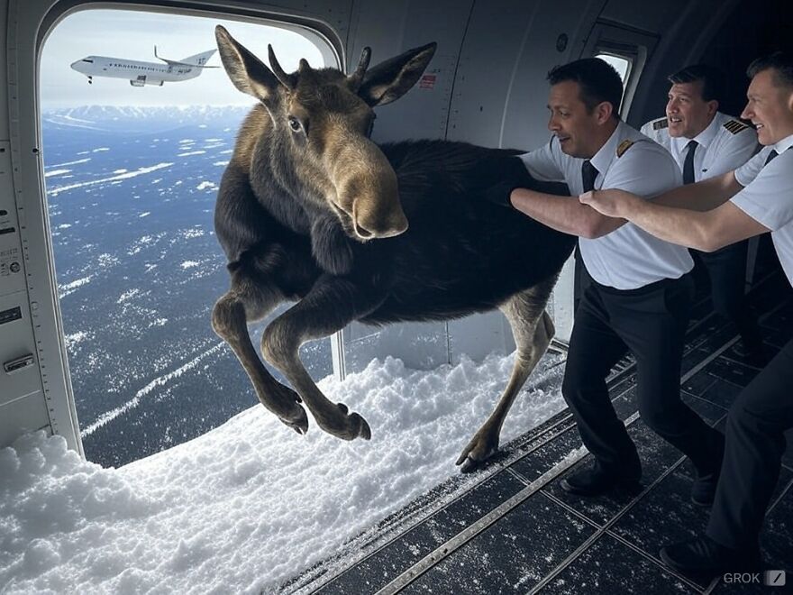 Crew members pushing a moose inside an airplane with snowy mountains outside, illustrating weird animal laws concept.