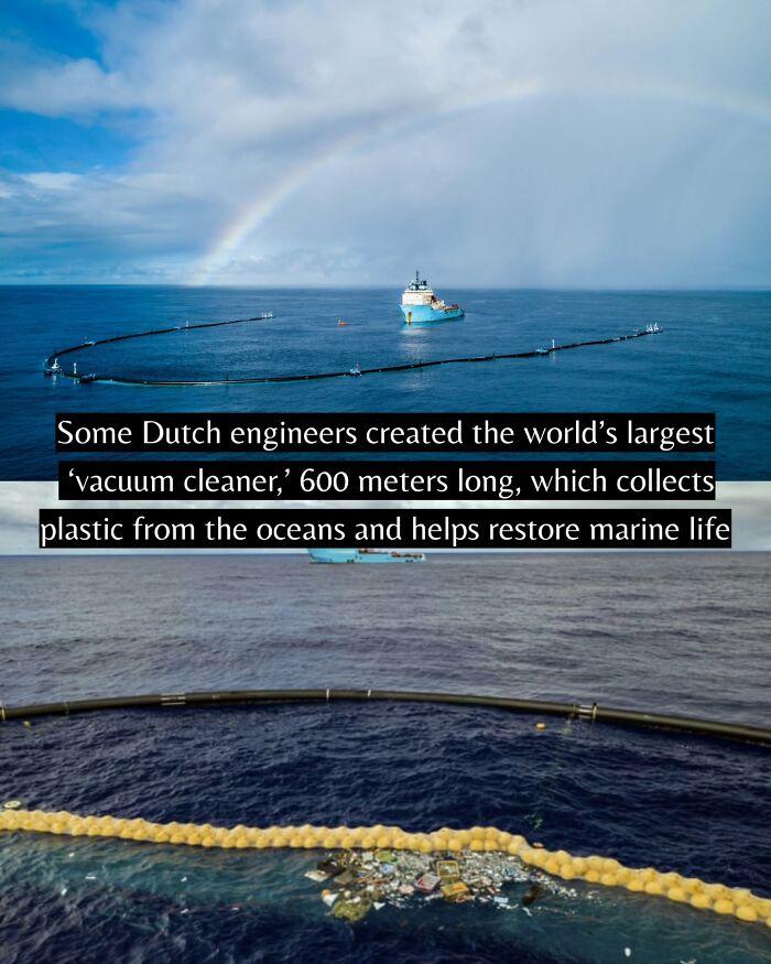 Ocean cleanup device created by Dutch engineers collects plastic and helps restore marine life as good news around the world.