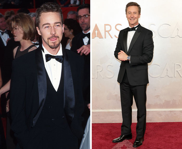 Actor wearing black tuxedos at Oscars event, showing transformation over time between first and latest appearances.