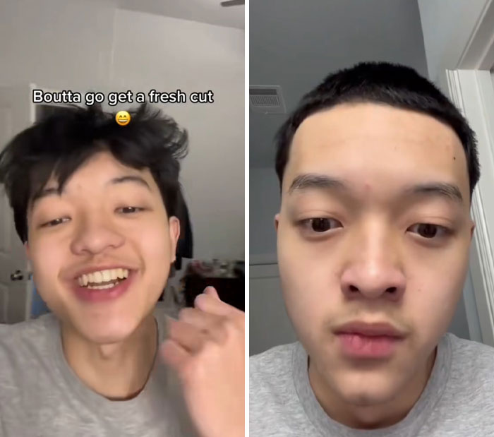 Young man before and after traumatic haircut, showcasing shocking hairdresser results and hair transformation gone wrong.