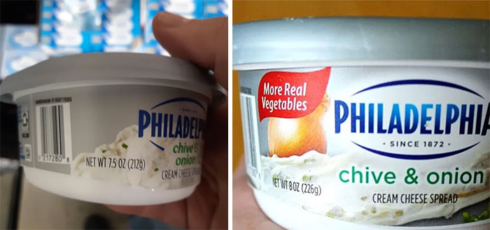Comparison of Philadelphia chive and onion cream cheese containers showing shrinkflation with reduced product size.