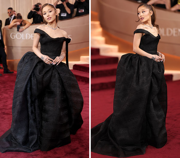 Ariana Grande wearing a voluminous black gown at the 2026 award season showcasing fashion fails and unhinged looks.