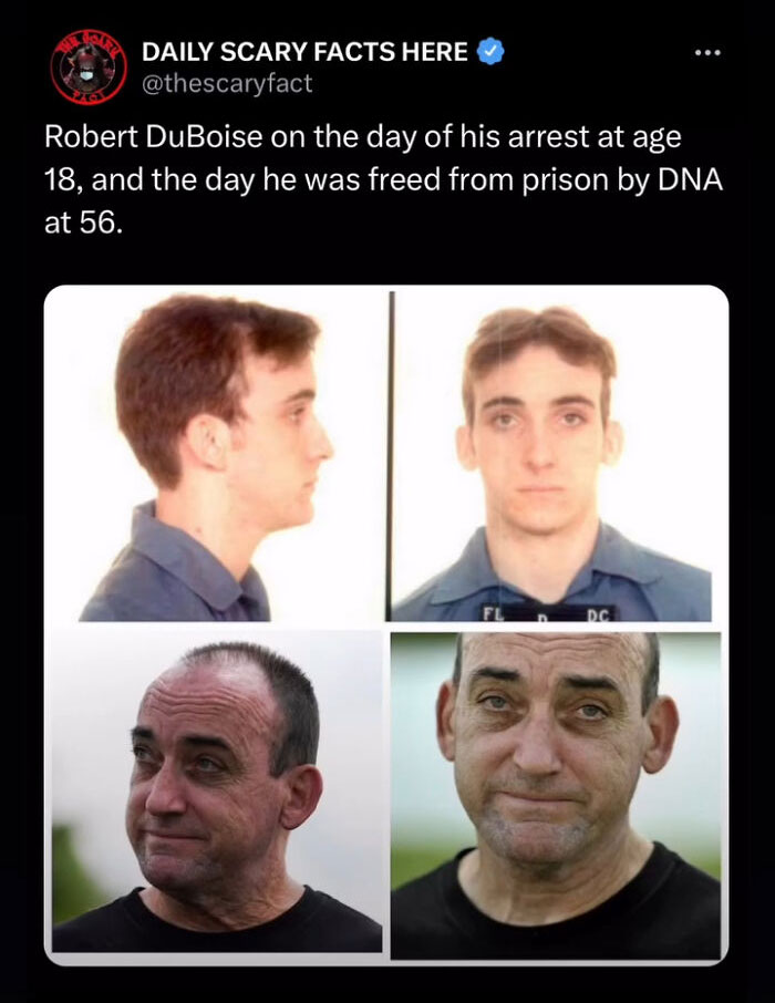 Photos showing Robert DuBoise at 18 during his arrest and at 56 when freed from prison by DNA, illustrating scary facts.