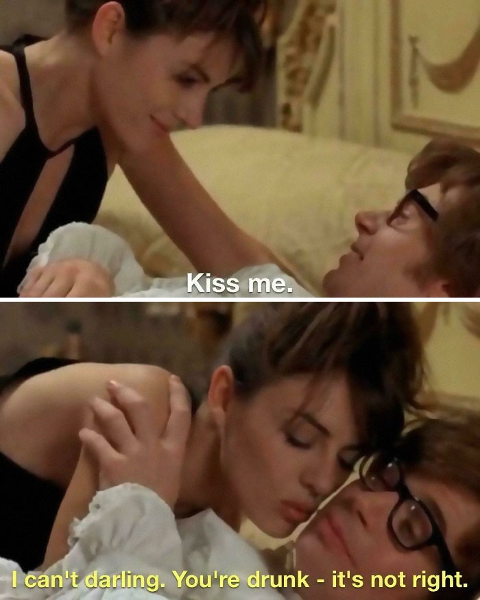 Two scenes from a movie meme showing a woman leaning over a man with captions about kissing and drunkenness in a film industry meme.