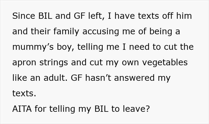 Text message about being accused of needing to cut vegetables and apron strings like an adult by lazy BIL and girlfriend.
