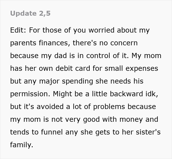 Text update explaining parents' finances control and spending permissions amid family competition with PhD cousin.