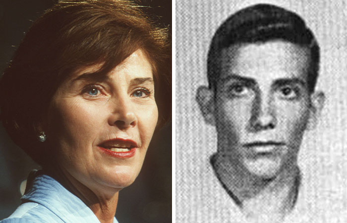 Portrait of a woman and a vintage black-and-white photo of a young man, representing morbid celebrity facts and stories.