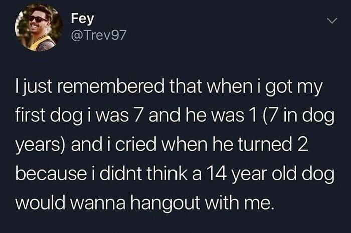 Funny and relatable meme about the emotional bond with a dog growing up and aging together.