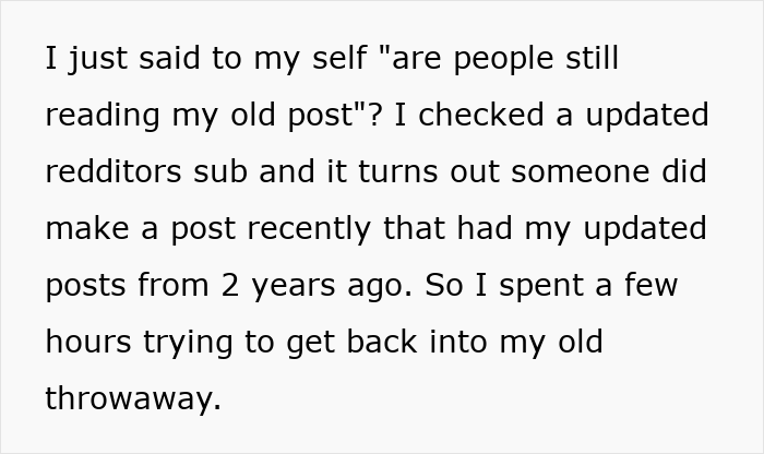 Text about checking old posts on Reddit while referencing trashing girlfriend's gift in a casual, reflective tone.
